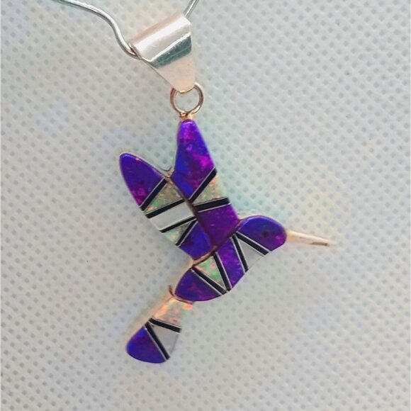 SM Sterling Silver Hummingbird Pendant Double Sided Inlay Purple Sugilite Opal - Picture 1 of 6